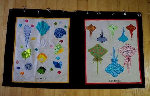 Coquillages et raies, panneau textile du Bel Espoir